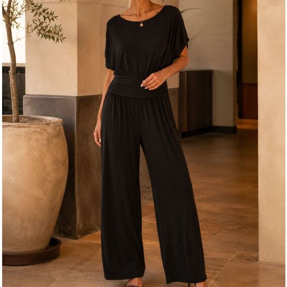 Soft Surroundings Pants - Soft Surroundings Black Modal Jumpsuit M Ruched Waist Wide Leg Keyhole Back